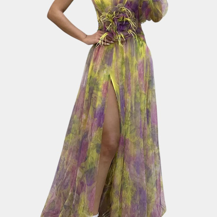 Amelie | Vestido Maxi Asimétrico de Un Hombro con Estampado Artístico