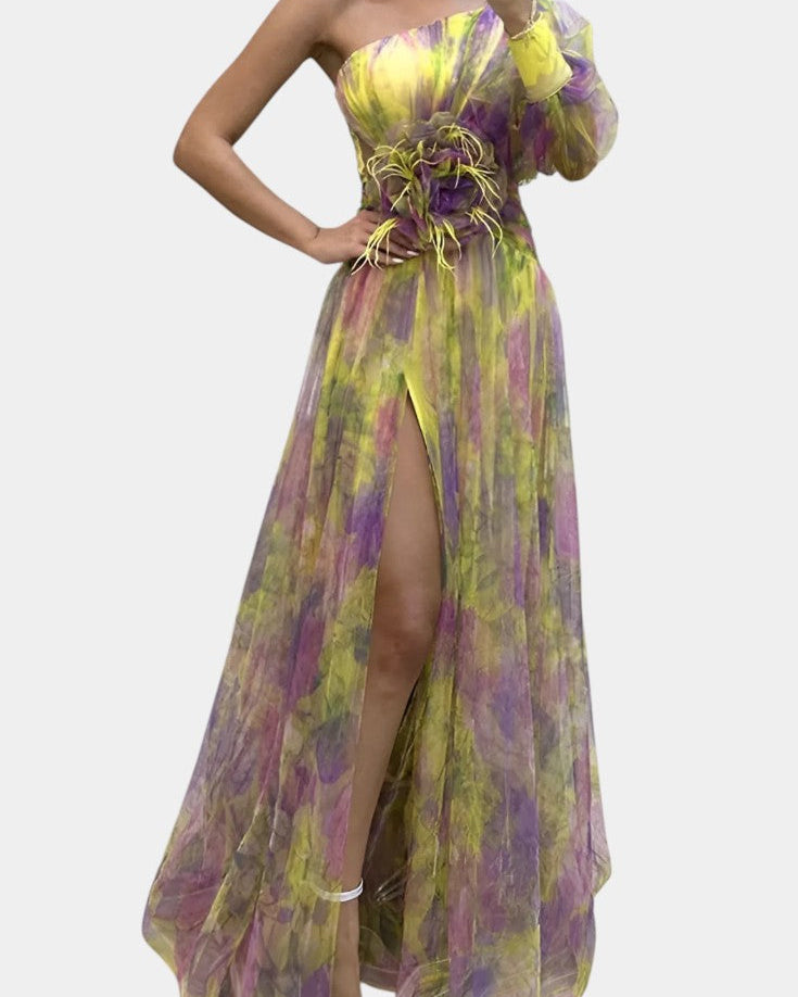 Amelie | Vestido Maxi Asimétrico de Un Hombro con Estampado Artístico