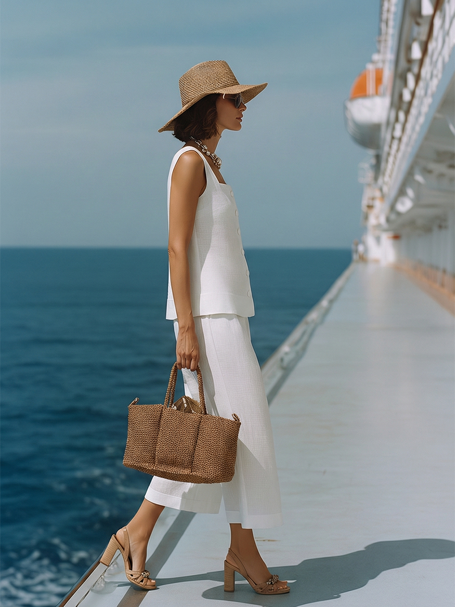 Conjunto atemporal de top blanco de algodón-lino con escote cuadrado y pantalones capri a juego