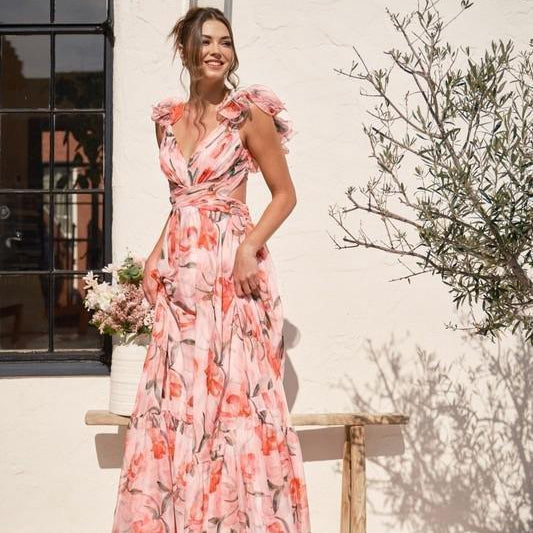 Vestido Maxi Elegante de Mezcla de Seda Floral
