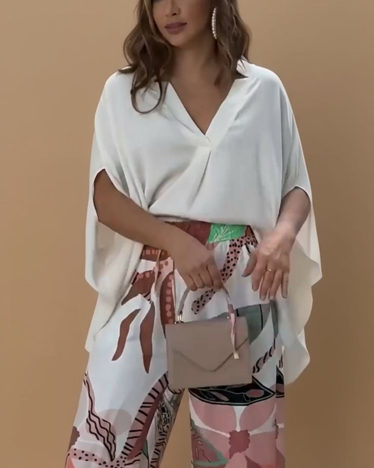 Conjunto Elegancia Tropical - Blusa fluida + pantalón estampado