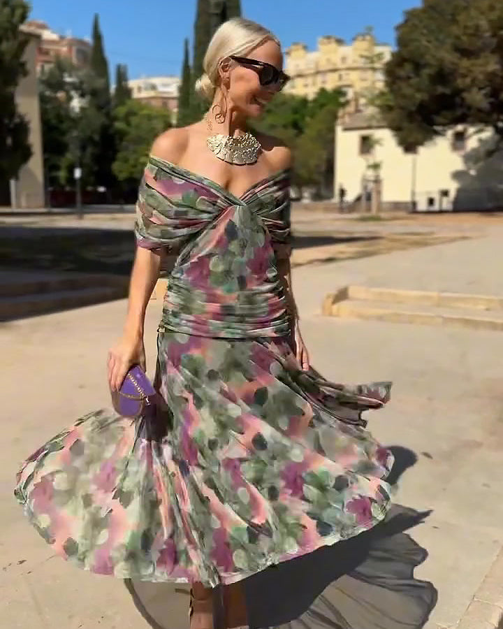 Vestido Maxi de Fiesta Floral Pintado con Cuello en V Elegante