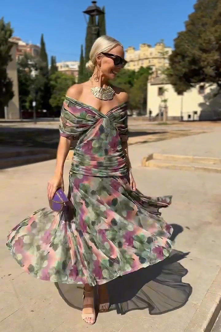 Vestido Maxi de Fiesta Floral Pintado con Cuello en V Elegante