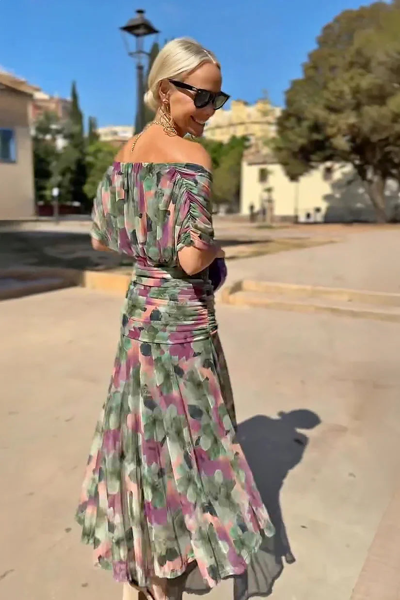 Vestido Maxi de Fiesta Floral Pintado con Cuello en V Elegante