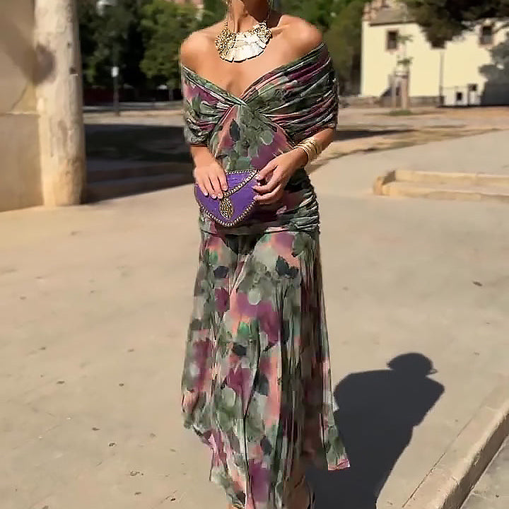 Vestido Maxi de Fiesta Floral Pintado con Cuello en V Elegante