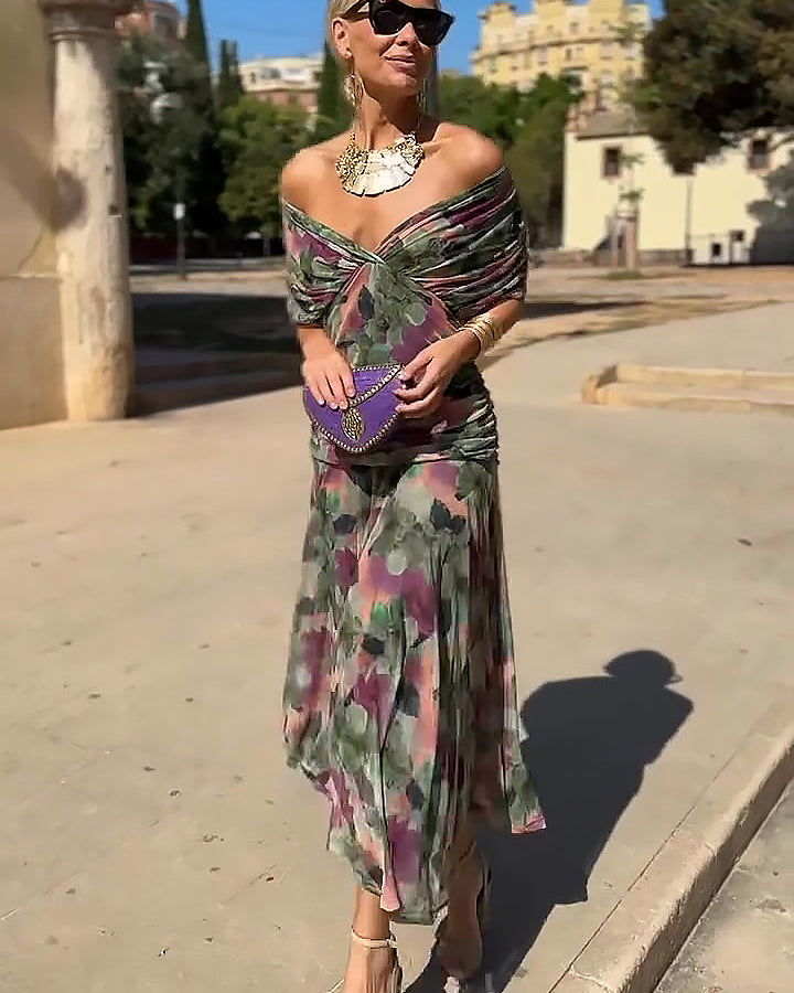Vestido Maxi de Fiesta Floral Pintado con Cuello en V Elegante