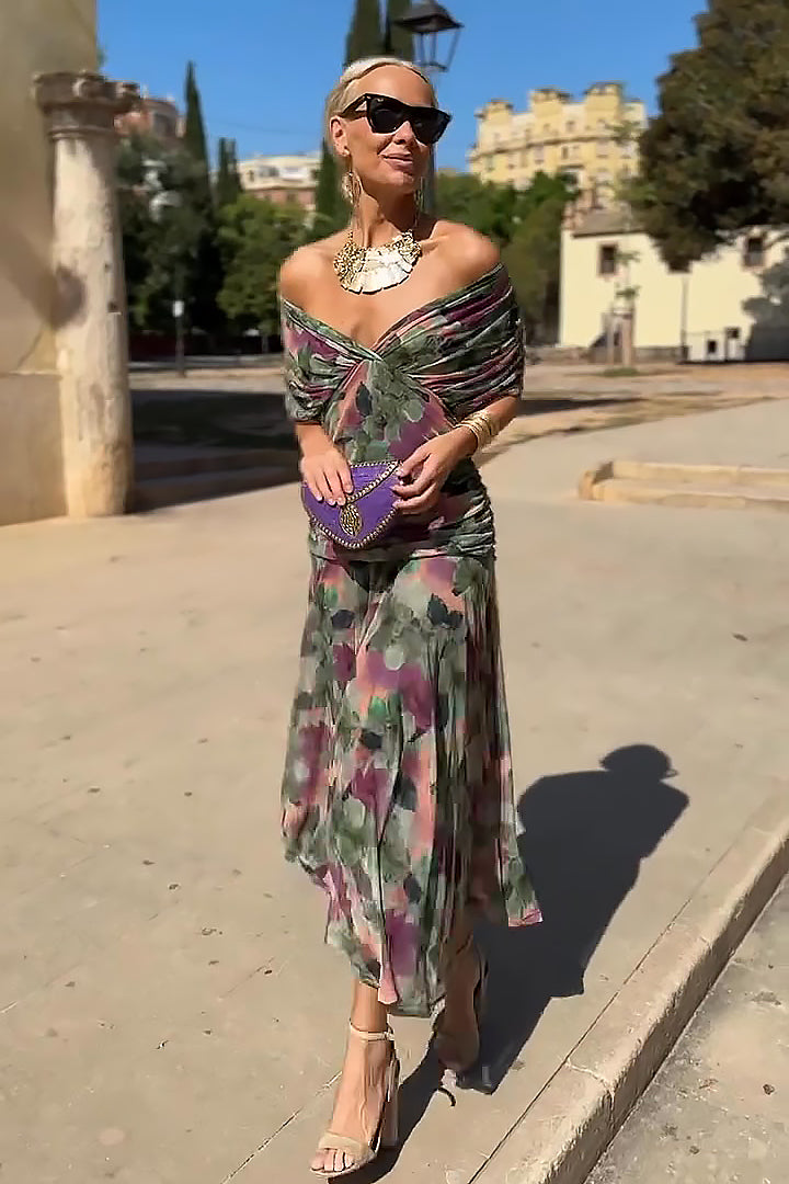 Vestido Maxi de Fiesta Floral Pintado con Cuello en V Elegante