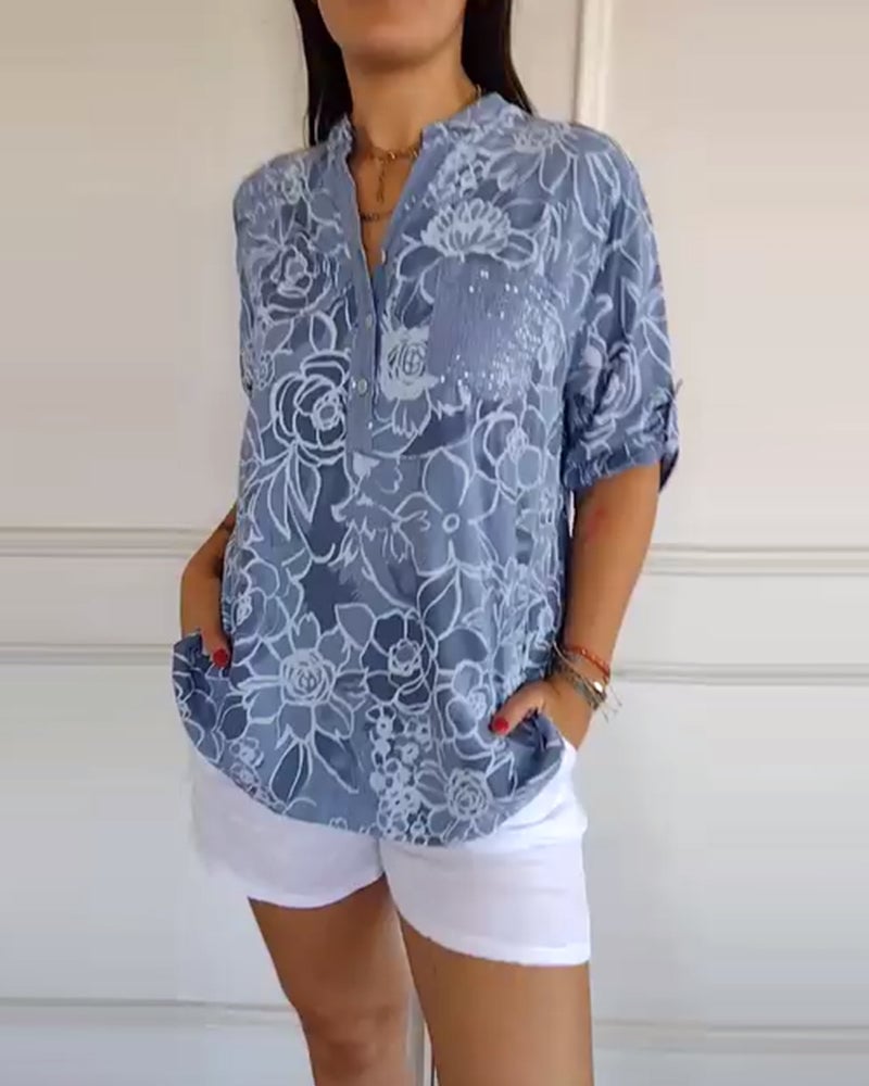 Blusa Impresa Con Botones y Cuello en V