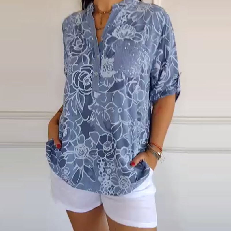 Blusa Impresa Con Botones y Cuello en V