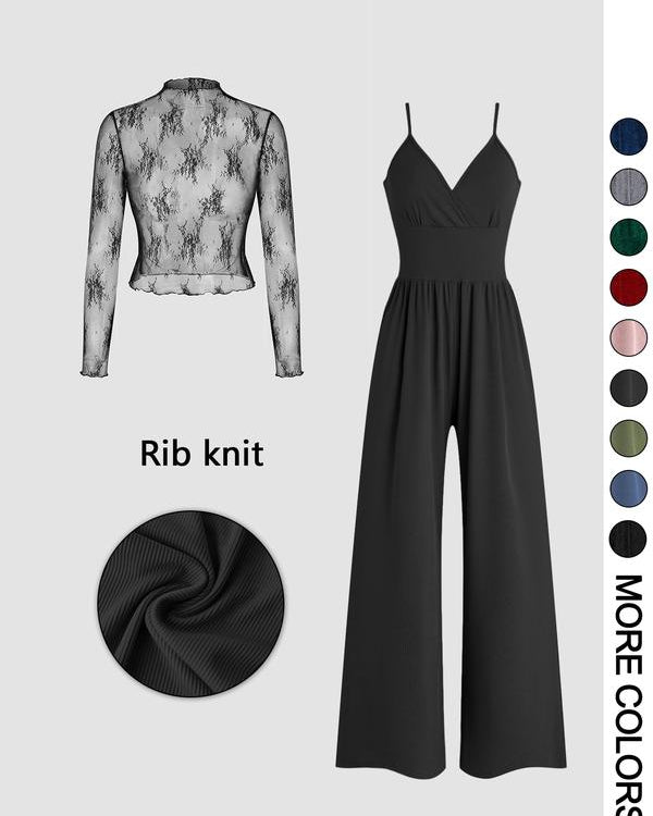 MARYAM™ - Conjunto de blusa de encaje monocromática y mono con bolsillos