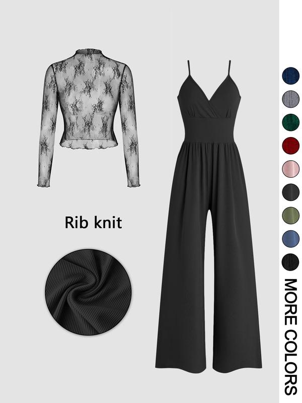 MARYAM™ - Conjunto de blusa de encaje monocromática y mono con bolsillos