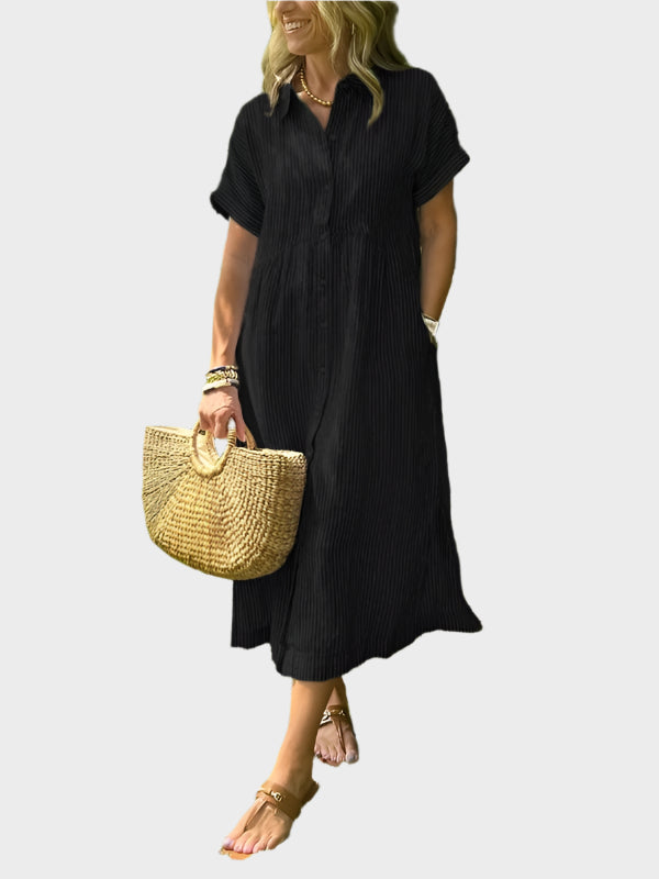 Vestido Camisero a Rayas con Solapas, Botones y Bolsillos Funcionales