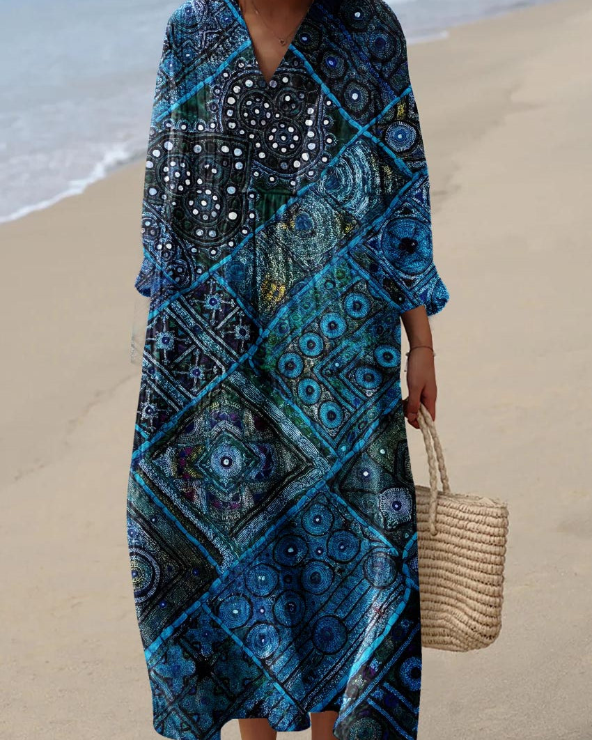 Vestido de algodón con estampado étnico oceánico para mujeres