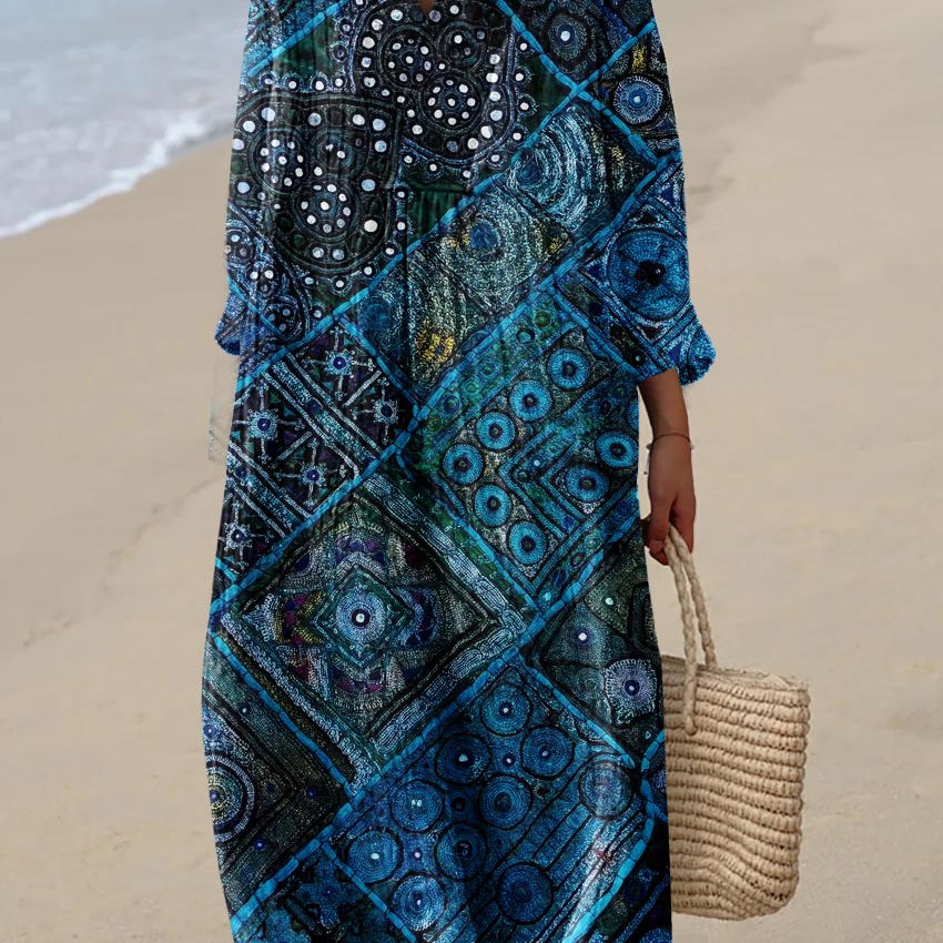 Vestido de algodón con estampado étnico oceánico para mujeres