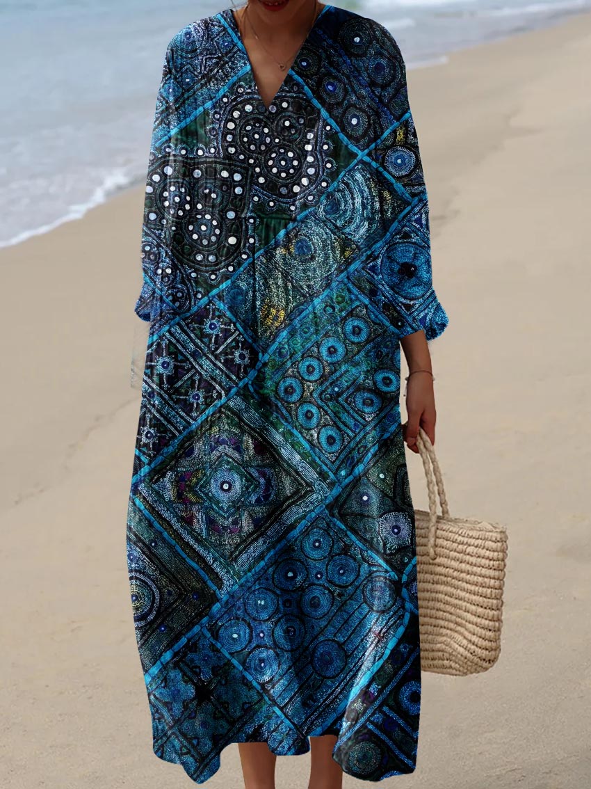 Vestido de algodón con estampado étnico oceánico para mujeres