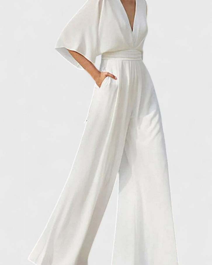 Isaura | Mono Largo Elegante con Pierna Ancha y Escote en V