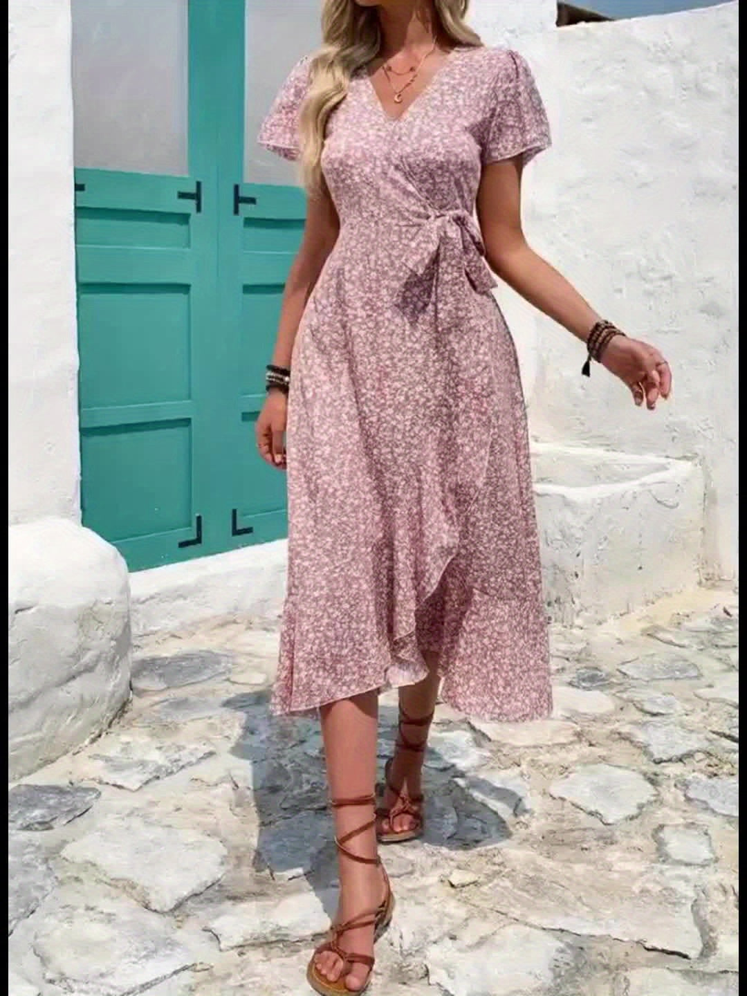 Vestido de Manga Corta con Escote en V para Mujer