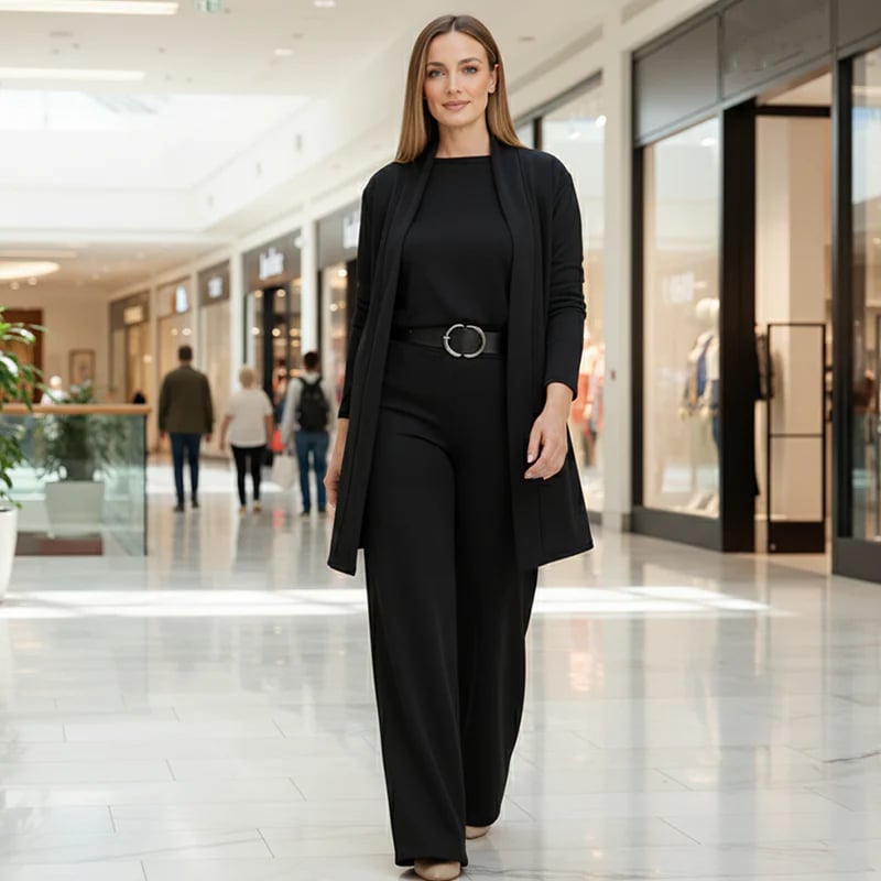 Conjunto Chic de 3 Piezas: Cárdigan Largo, Blusa y Pantalones