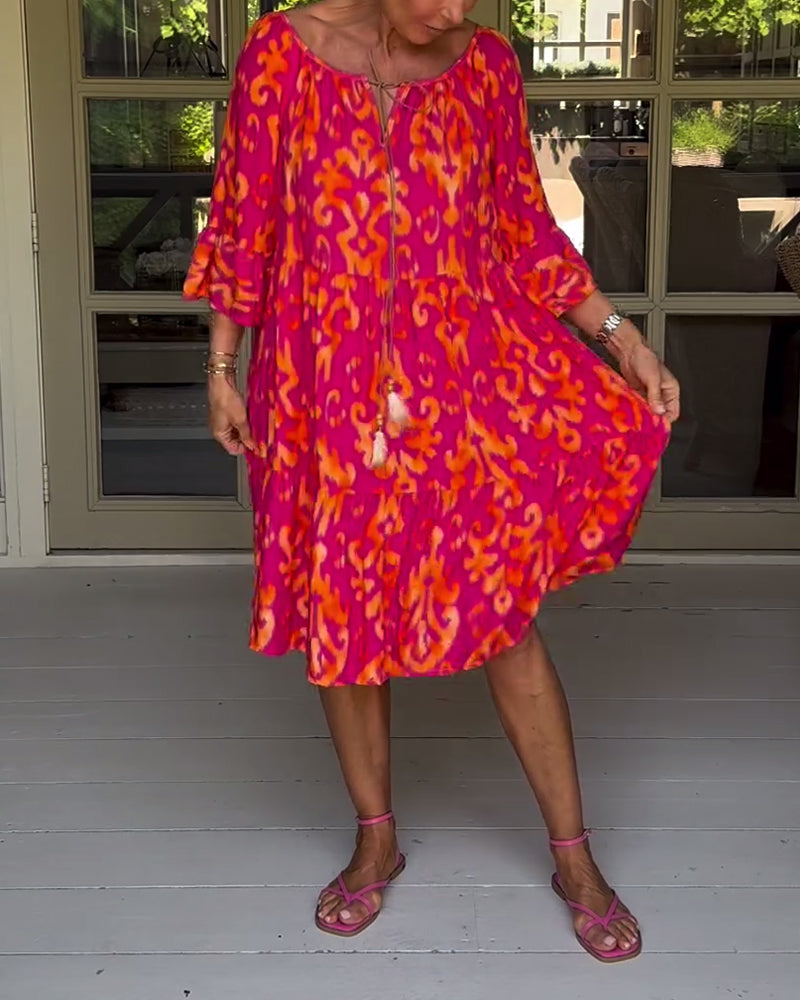 Vestido Rojo Con Estampado Y Mangas Tres Cuartos
