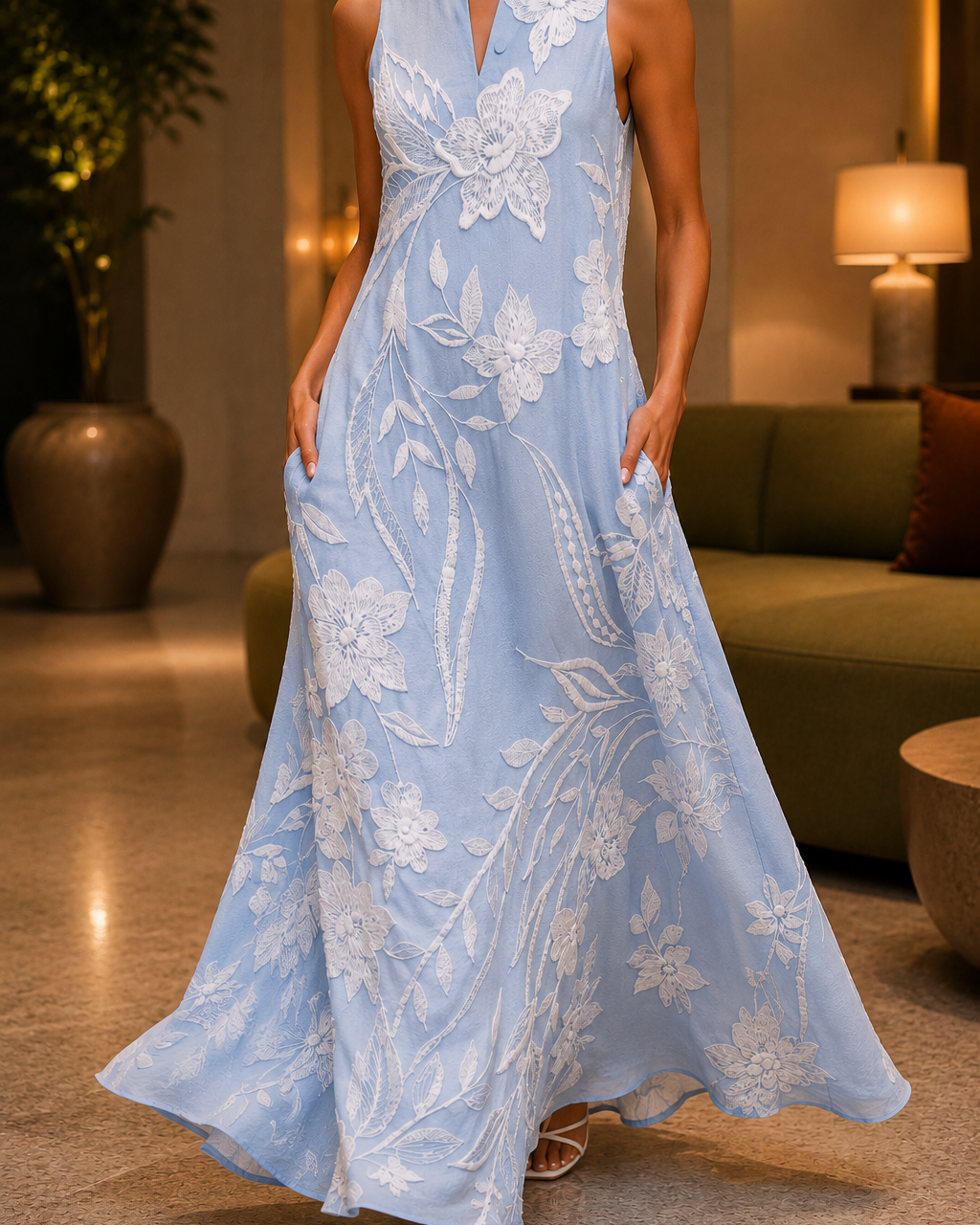 Vestido de Cuello Abierto Texturizado Sin Mangas para Mujer