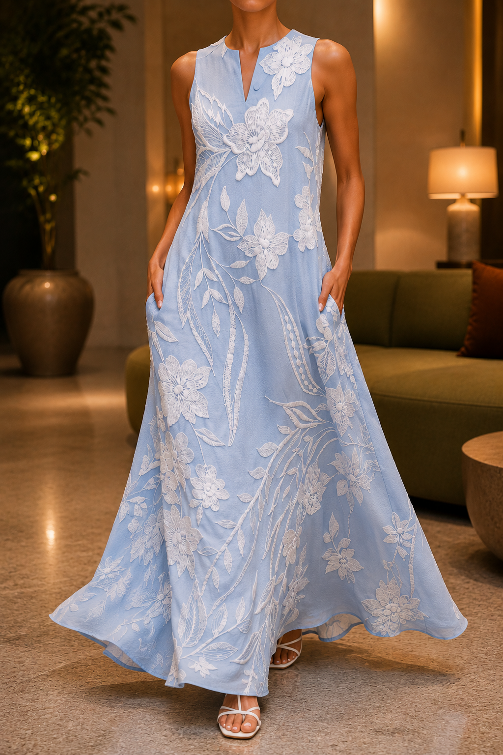 Vestido de Cuello Abierto Texturizado Sin Mangas para Mujer