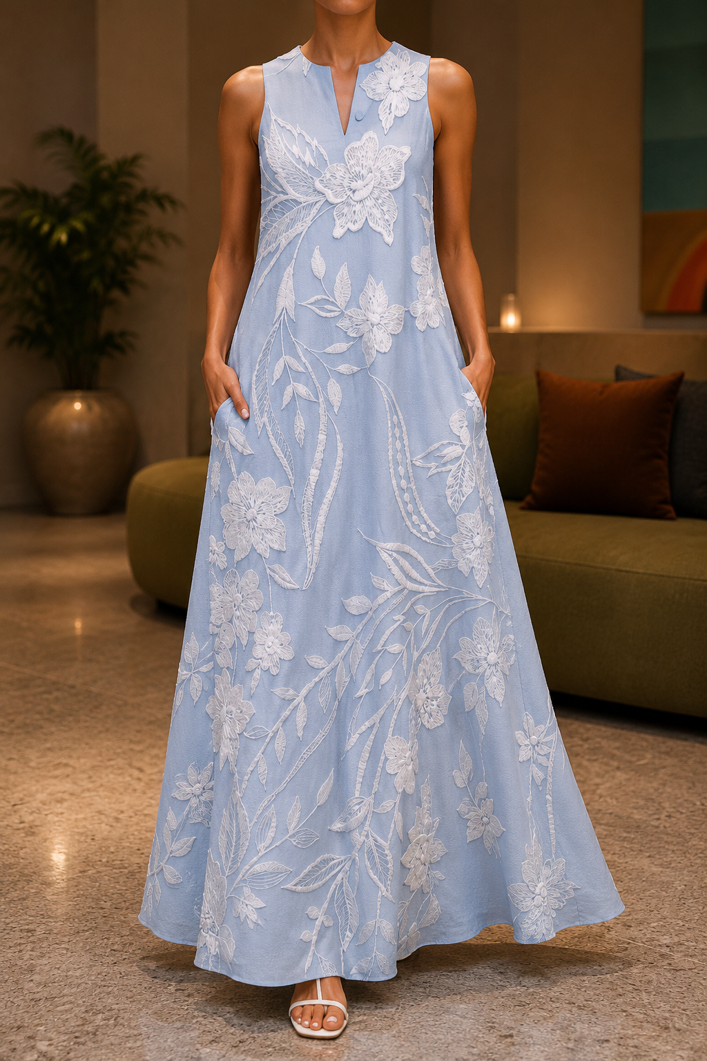 Vestido de Cuello Abierto Texturizado Sin Mangas para Mujer