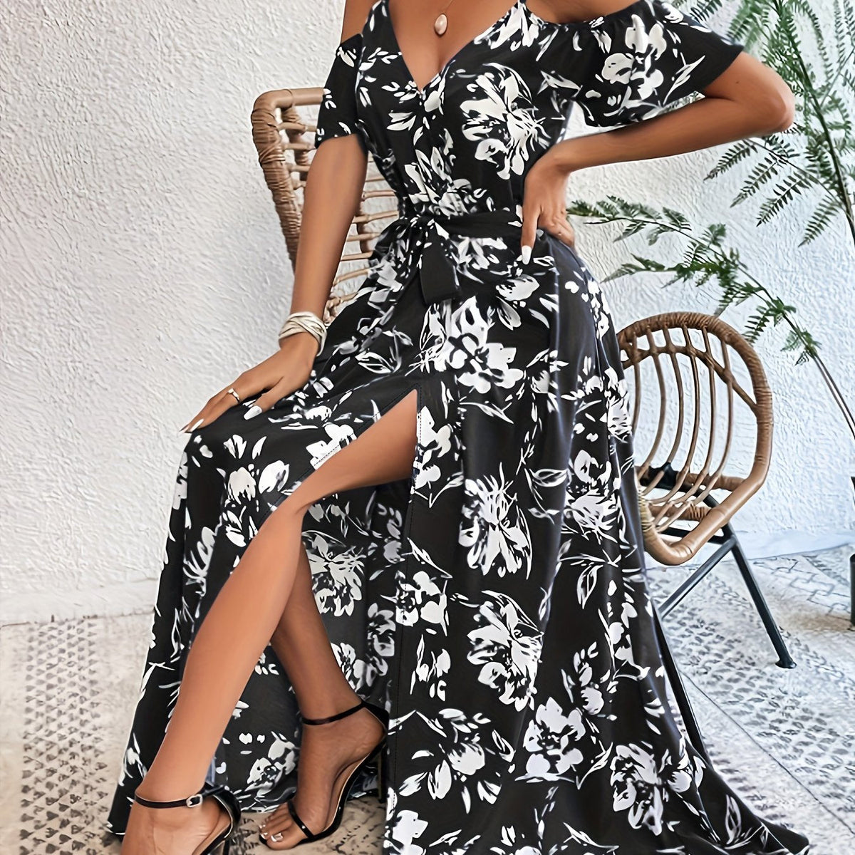 Vestido Sin Mangas de Impresión Floral con Alta Abertura para Mujeres