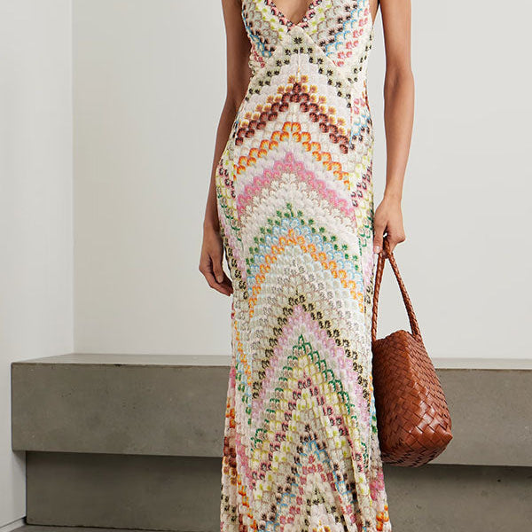 Vestido Maxi de Punto Herringbone Colorido con Espalda Abierta