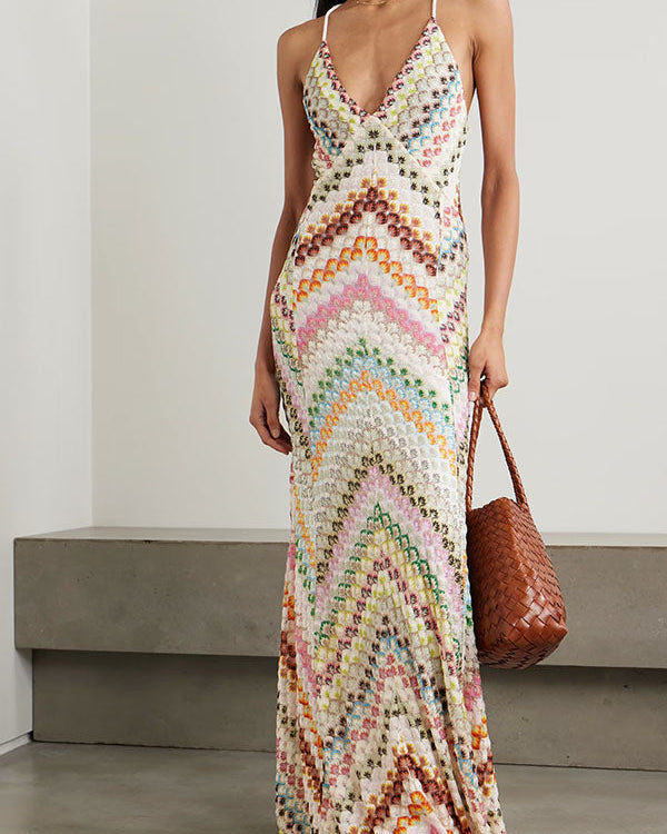 Vestido Maxi de Punto Herringbone Colorido con Espalda Abierta