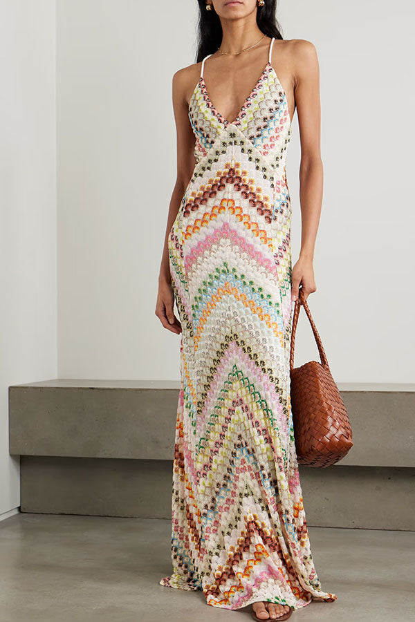 Vestido Maxi de Punto Herringbone Colorido con Espalda Abierta