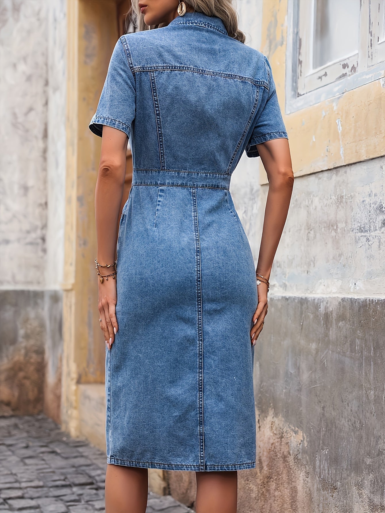 Vestido de mezclilla midi casual de manga corta para mujer