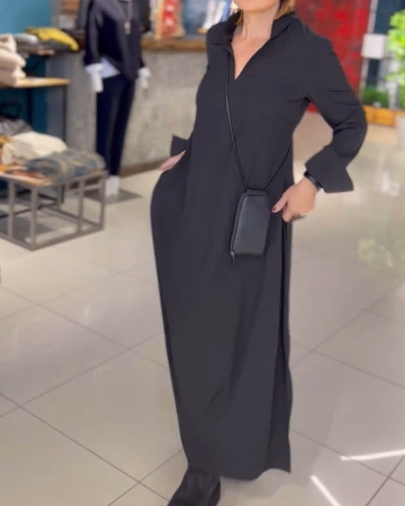 Evia™ - Vestido Largo Suelto con Solapas y Abertura