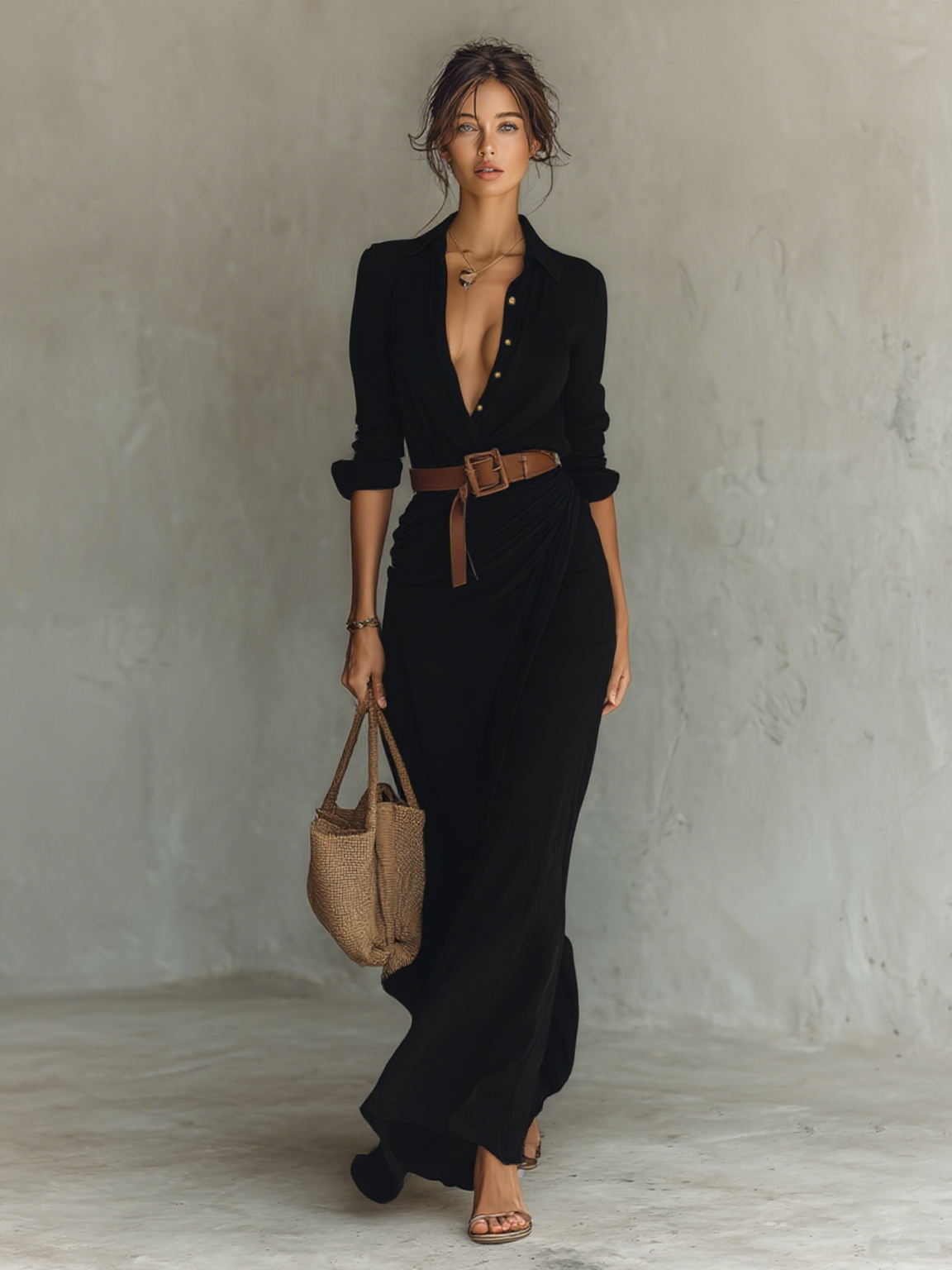 Vestido largo maxi con cuello de solapa para mujer, manga larga, cierre con un solo botón