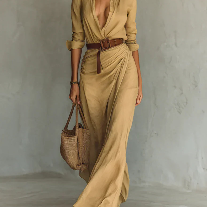 Camille™ | Vestido Maxi con Solapa y Cinturón