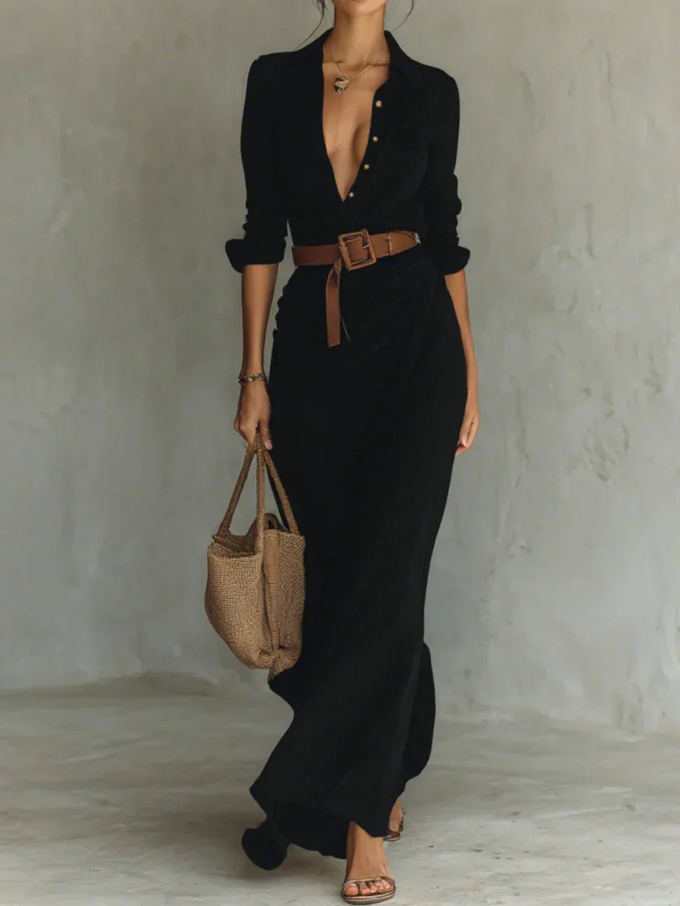 Camille™ | Vestido Maxi con Solapa y Cinturón