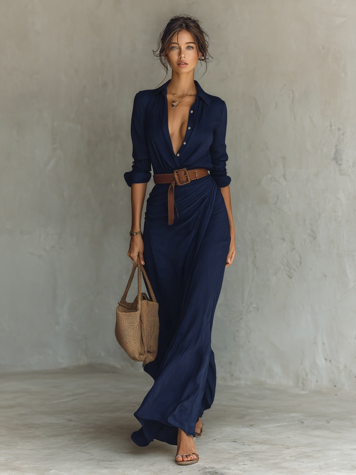 Vestido largo maxi con cuello de solapa para mujer, manga larga, cierre con un solo botón