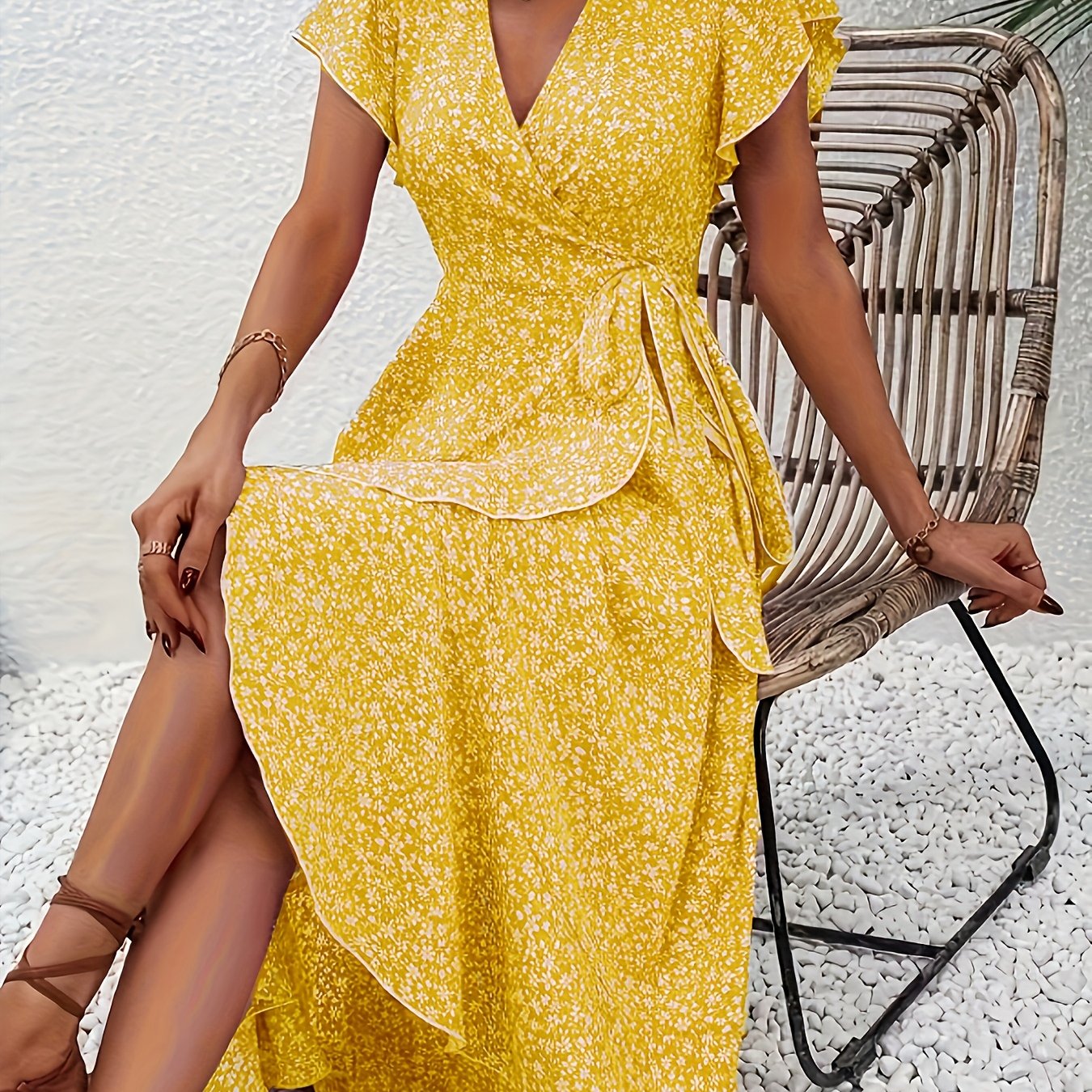 Vestido de Manga Corta con Escote en V para Mujer