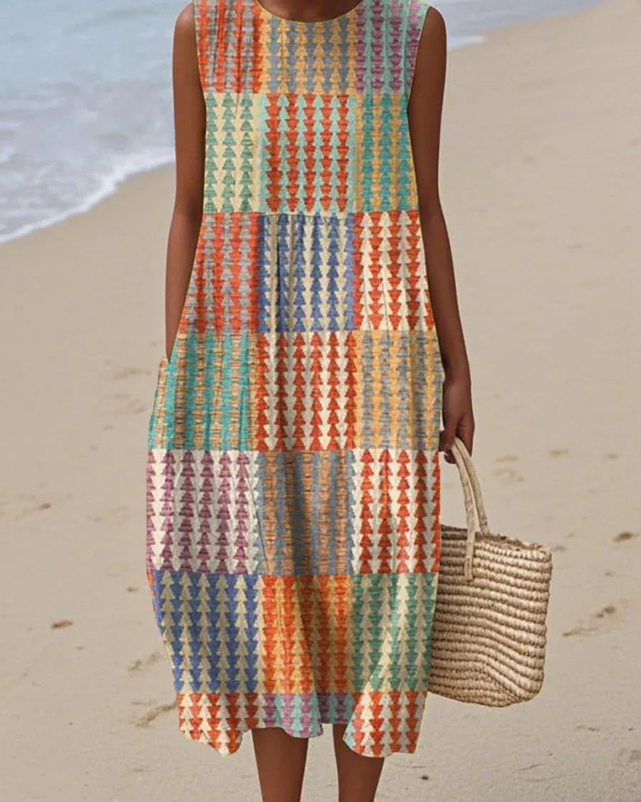 Sana | Vestido Midi Patchwork Geométrico