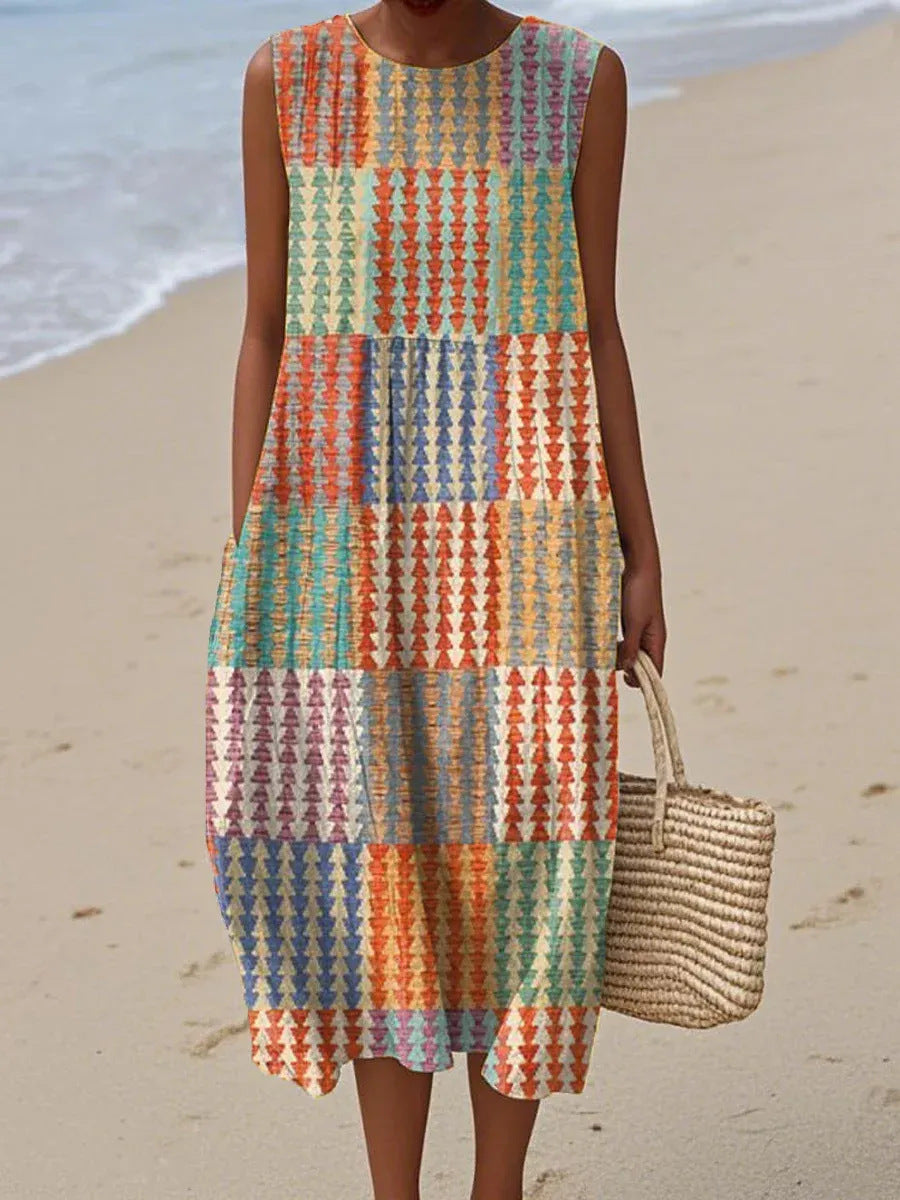 Sana | Vestido Midi Patchwork Geométrico