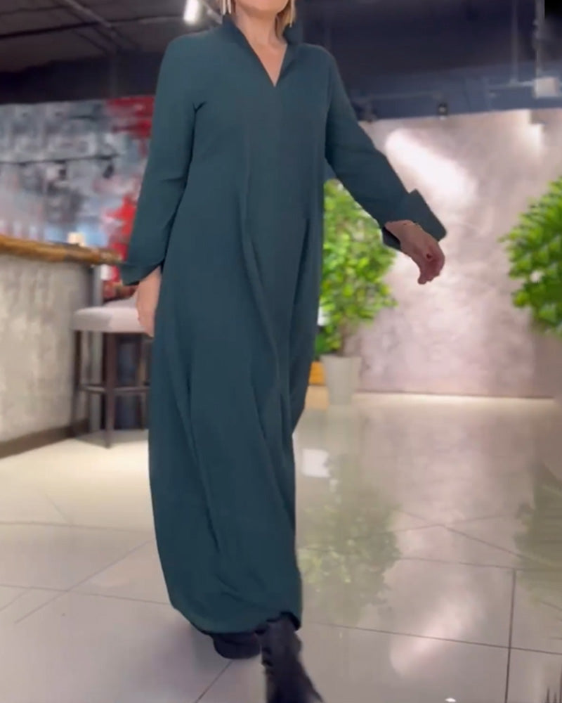 Evia™ - Vestido Largo Suelto con Solapas y Abertura