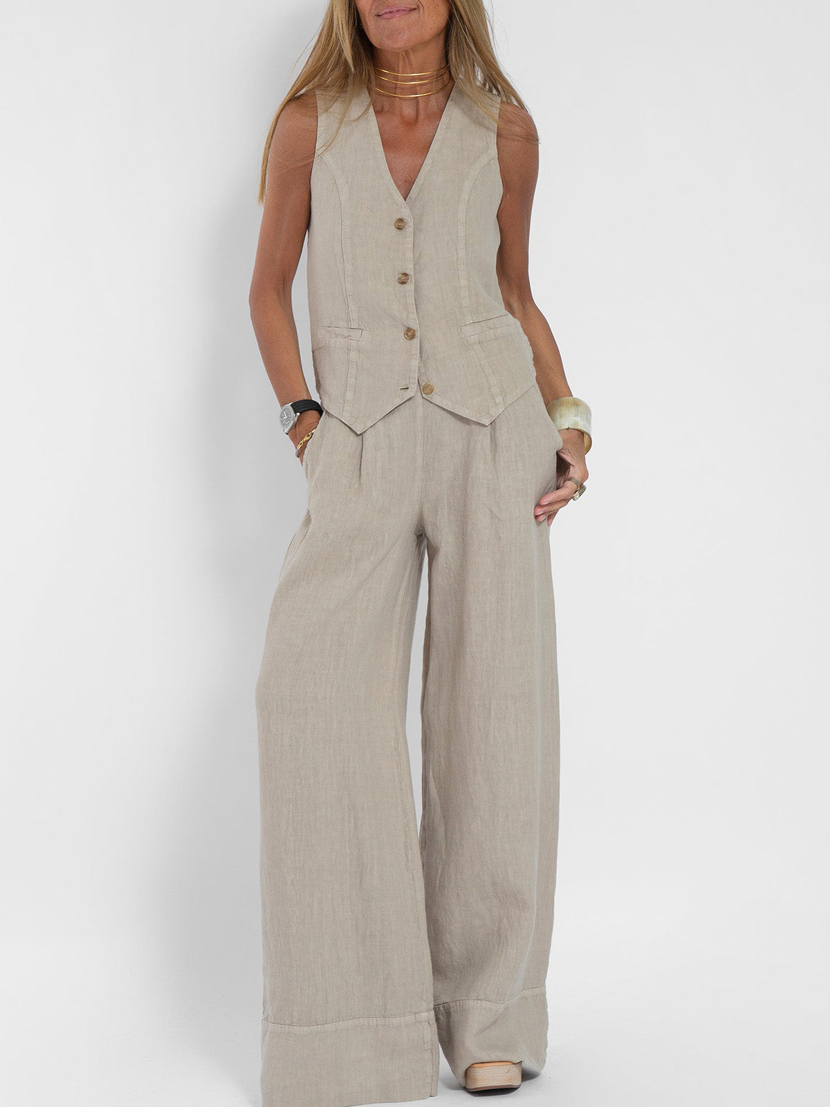 Aira - Conjunto de Chaleco con Botones y Pantalones Anchos
