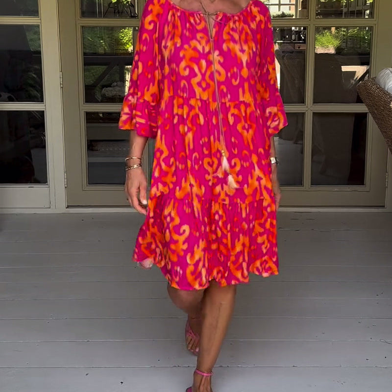 Vestido Rojo Con Estampado Y Mangas Tres Cuartos