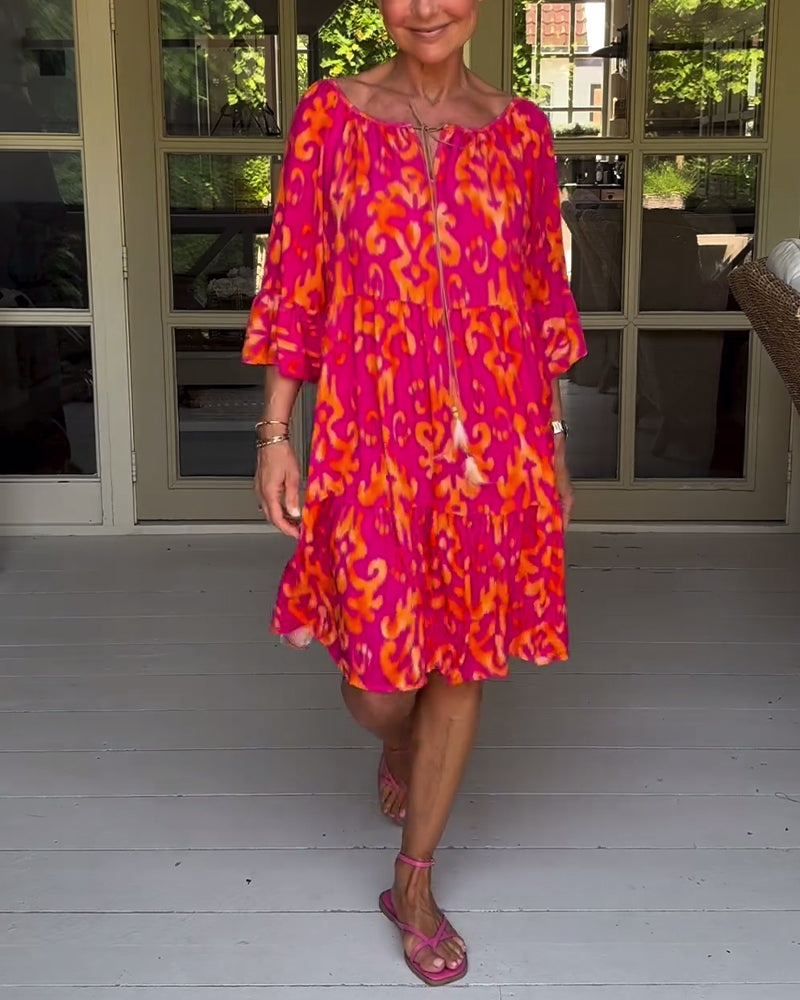 Vestido Rojo Con Estampado Y Mangas Tres Cuartos