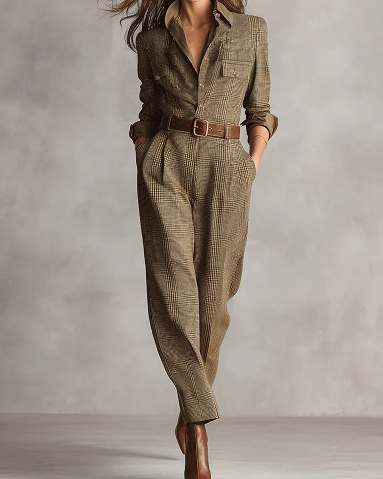 Alessia - Mono utilitario en tweed marrón con un patrón refinado