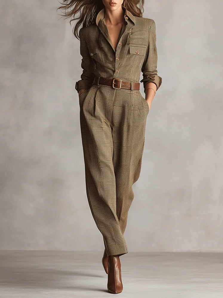 Alessia - Mono utilitario en tweed marrón con un patrón refinado
