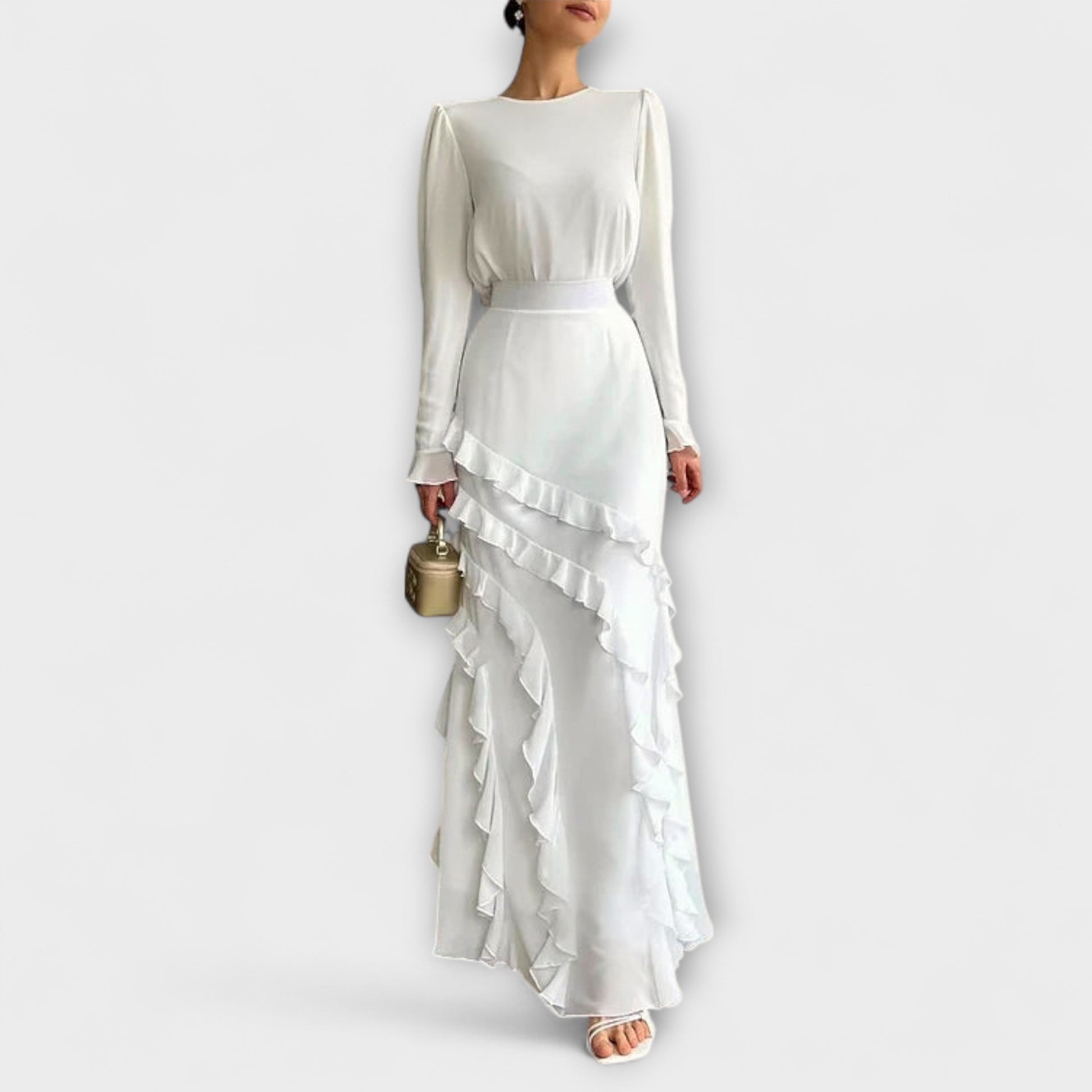 Fallon - Vestido Largo Ajustado con Volantes en Tres Dimensiones