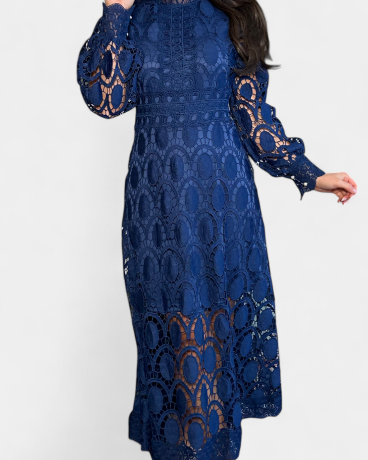 Jovie Vestido Midi de Encaje Bordado con Cuello Alto