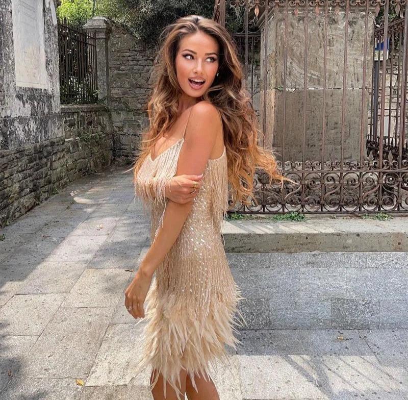 JOYCÈLE - VESTIDO DE NOCHE MODERNO CON PLUMAS
