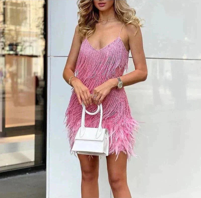 JOYCÈLE - VESTIDO DE NOCHE MODERNO CON PLUMAS