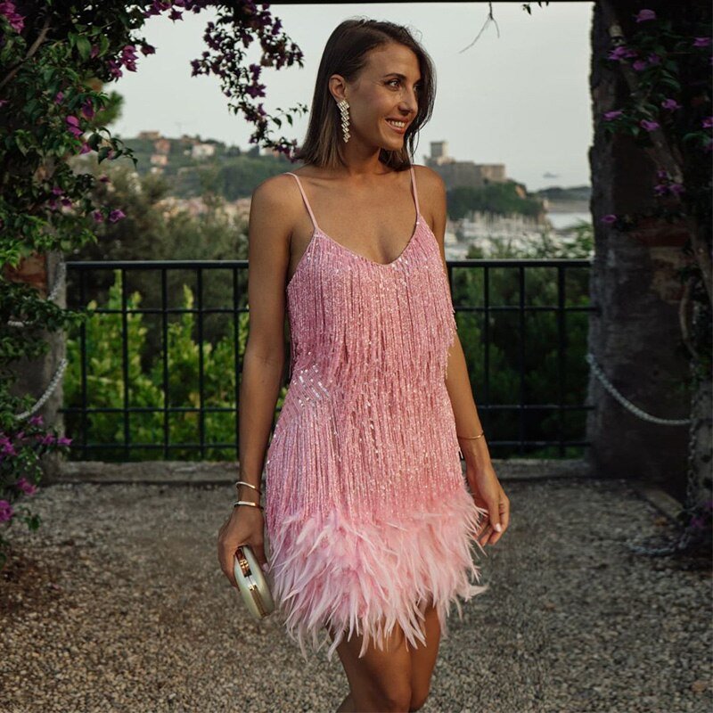 JOYCÈLE - VESTIDO DE NOCHE MODERNO CON PLUMAS